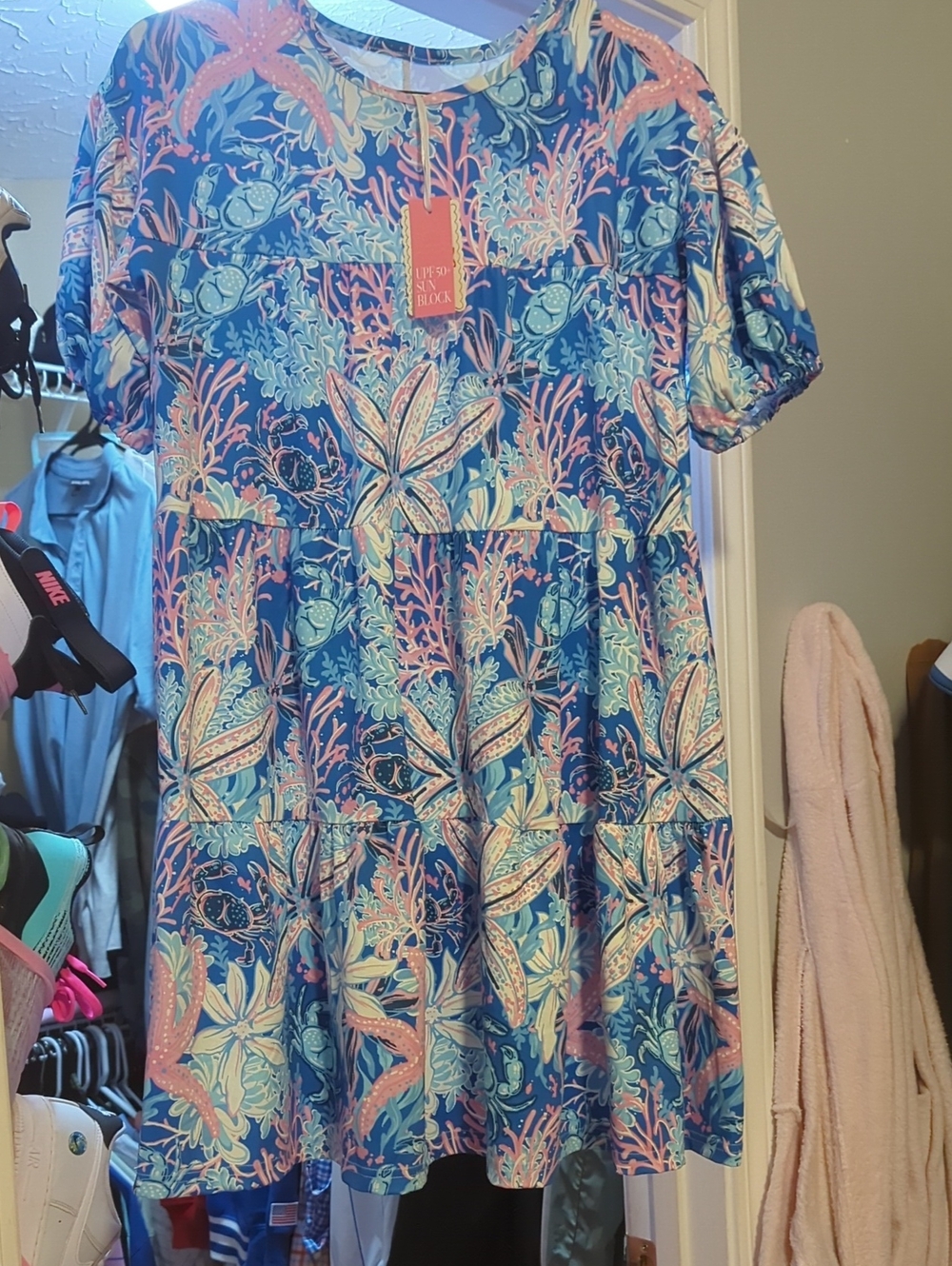 Simply Southern Blue Pink Floral Coral-Print Mini Dress